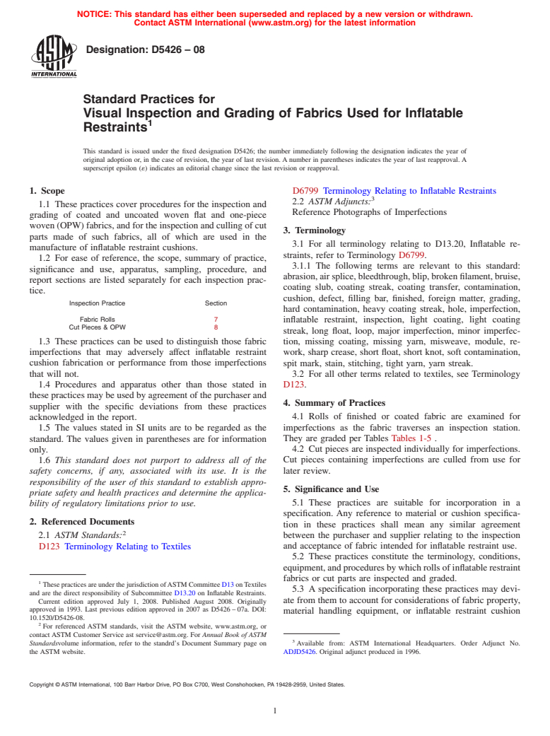 ASTM D5426-08 - Standard Practices for  Visual Inspection and Grading of Fabrics Used for Inflatable Restraints