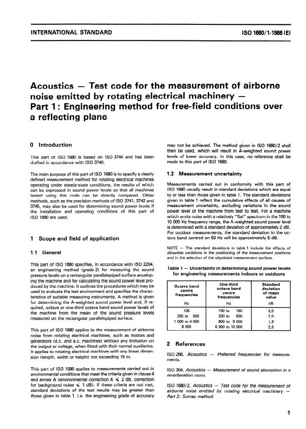 ISO 1680-1:1986 - Acoustics -- Test code for the measurement of airborne noise emitted by rotating electrical machinery