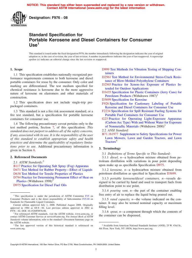 ASTM F976-08 - Standard Specification for  Portable Kerosene and Diesel Containers for Consumer Use (Withdrawn 2017)