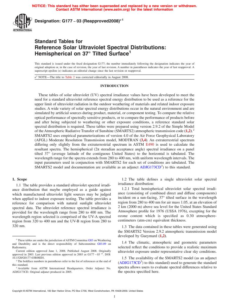 ASTM G177-03(2008)e1 - Standard Tables for Reference Solar Ultraviolet Spectral Distributions: Hemispherical on 37<span class='unicode'>&#x00B0;</span> Tilted Surface