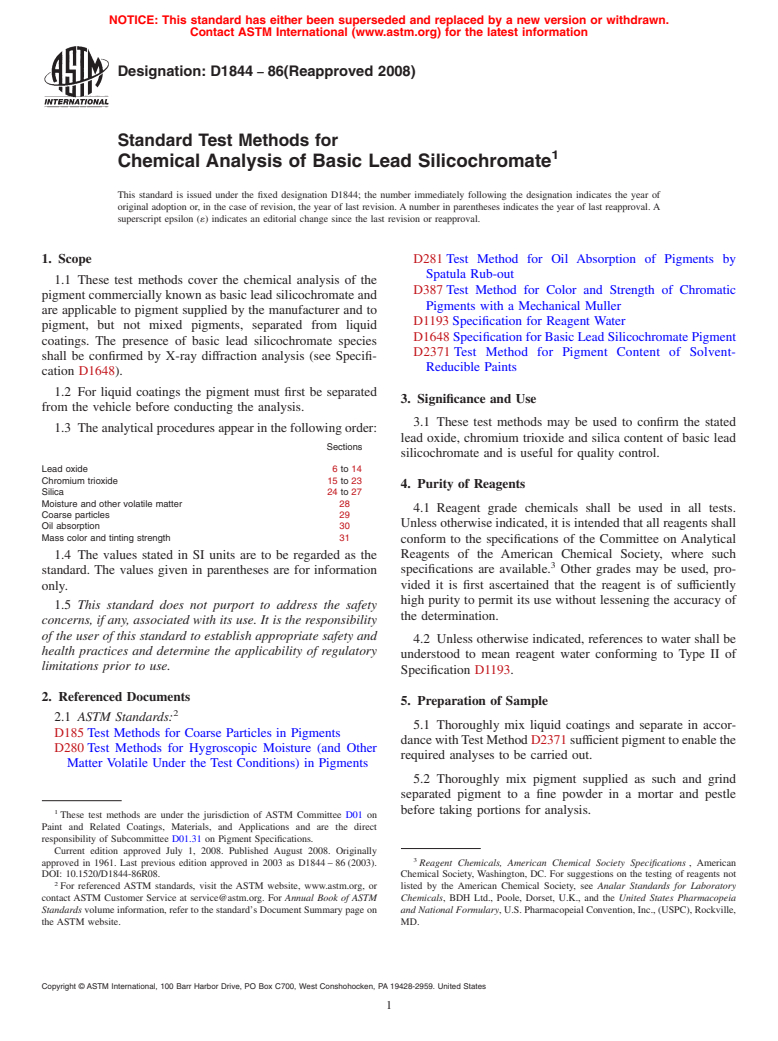 ASTM D1844-86(2008) - Standard Test Methods for  Chemical Analysis of Basic Lead Silicochromate