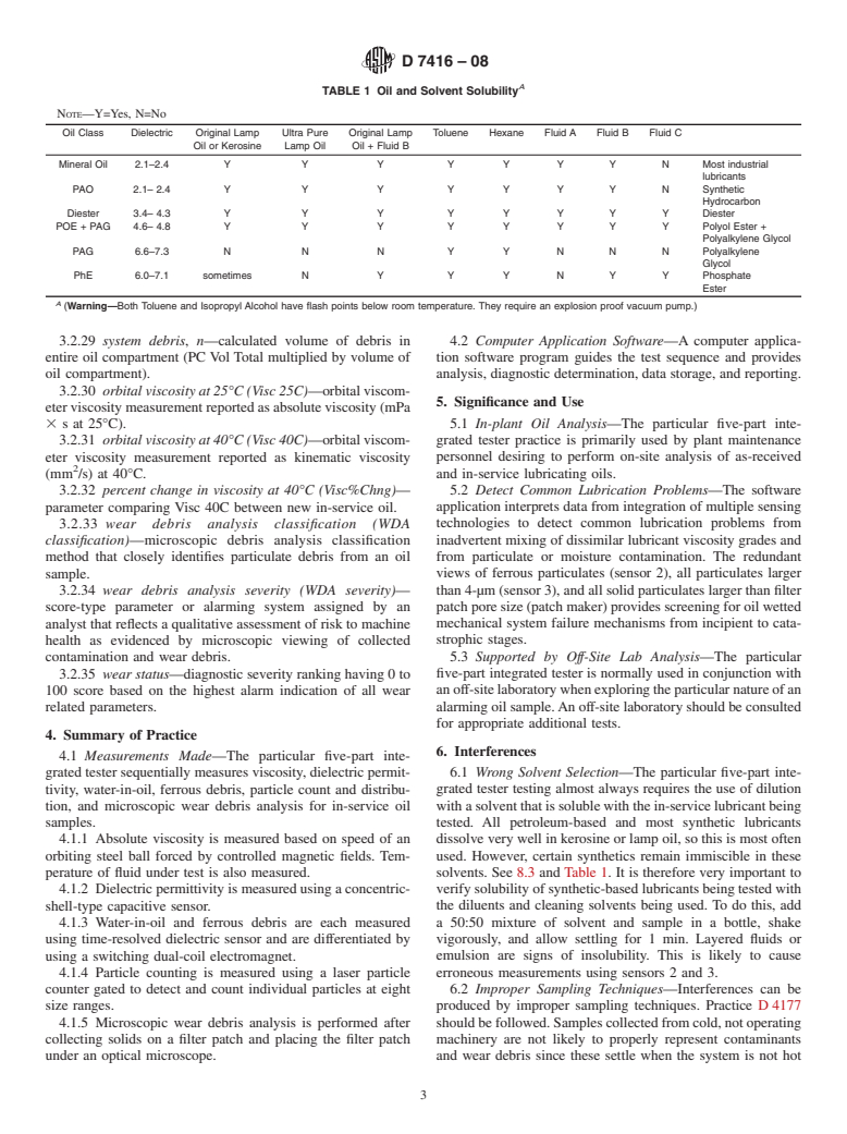 ASTM D7416-08 - Standard Practice for Analysis of In-Service Lubricants Using a Particular Five-Part (Dielectric  Permittivity, Time-Resolved Dielectric Permittivity with Switching Magnetic  Fields, Laser Particle Counter, Microscopic Debris Analysis, and Orbital Viscome