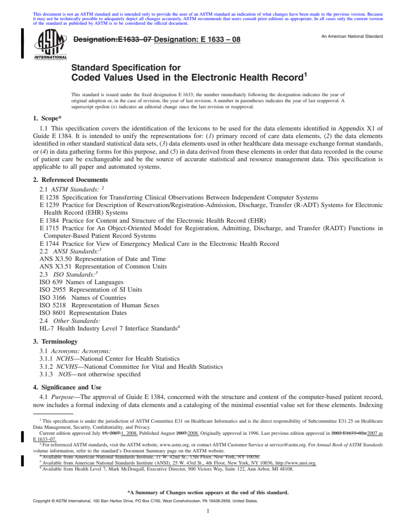 REDLINE ASTM E1633-08 - Standard Specification for Coded Values Used in the Electronic Health Record