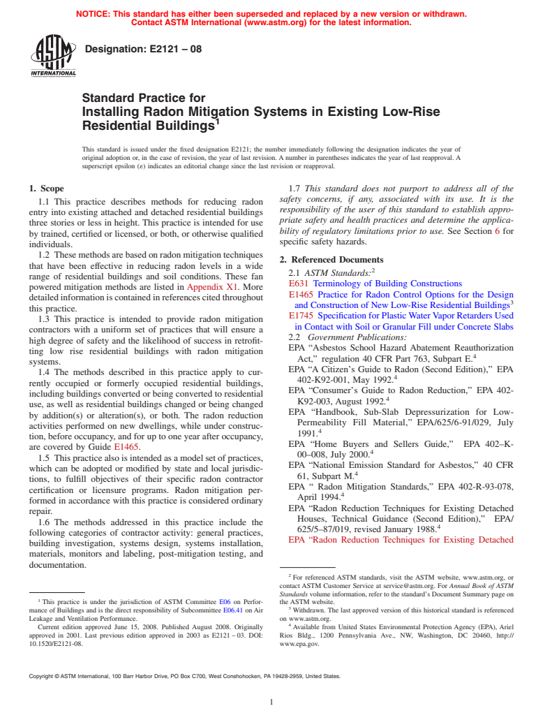 ASTM E2121-08 - Standard Practice for Installing Radon Mitigation Systems in Existing Low-Rise Residential Buildings