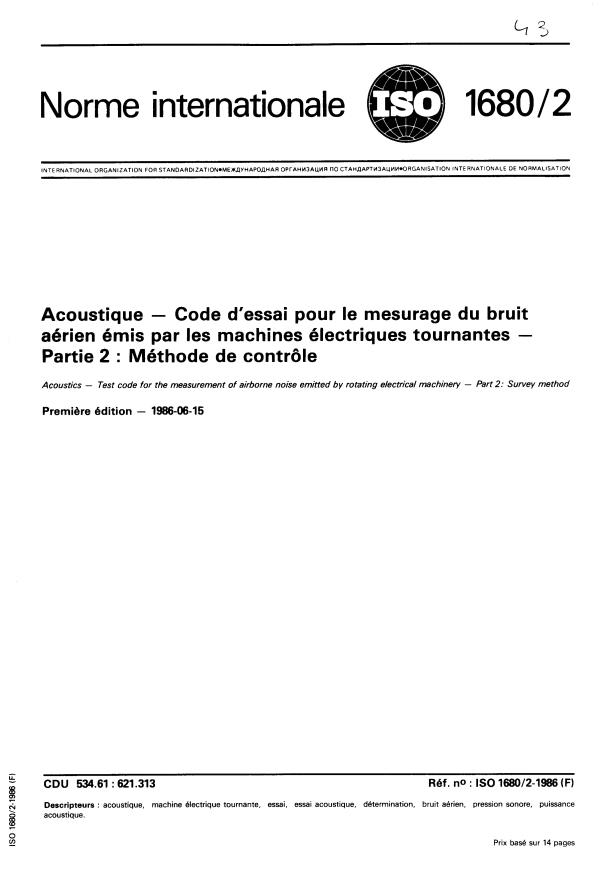 ISO 1680-2:1986 - Acoustique -- Code d'essai pour le mesurage du bruit aérien émis par les machines électriques tournantes