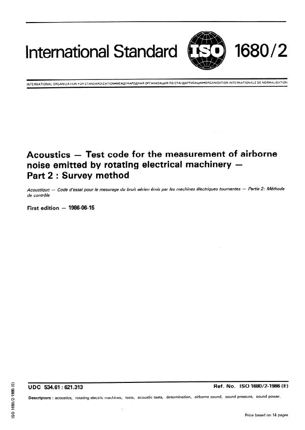 ISO 1680-2:1986 - Acoustics -- Test code for the measurement of airborne noise emitted by rotating electrical machinery