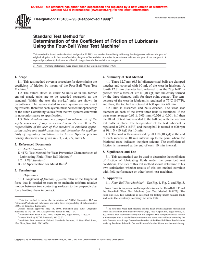 ASTM D5183-95(1999)e1 - Standard Test Method for Determination of the Coefficient of Friction of Lubricants Using the Four-Ball Wear Test Machine