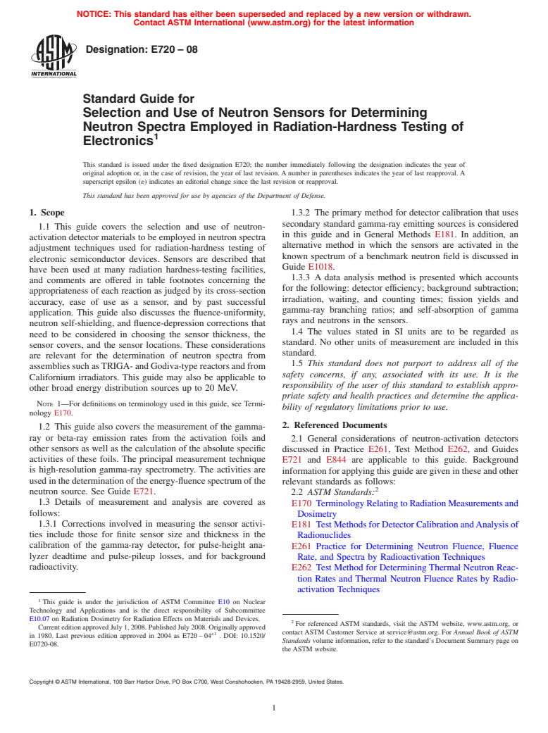 ASTM E720-08 - Standard Guide for Selection and Use of Neutron Sensors for Determining Neutron Spectra Employed in Radiation-Hardness Testing of Electronics