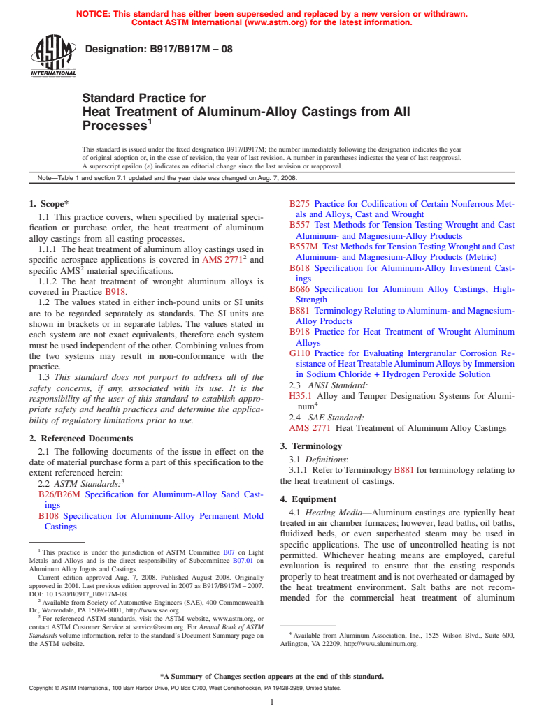 ASTM B917/B917M-08 - Standard Practice for Heat Treatment of Aluminum-Alloy Castings from All Processes