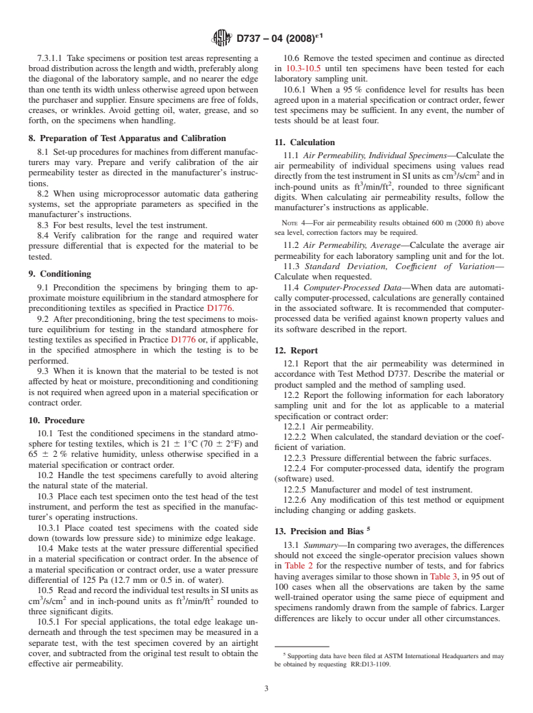 ASTM D737-04(2008)e1 - Standard Test Method for  Air Permeability of Textile Fabrics