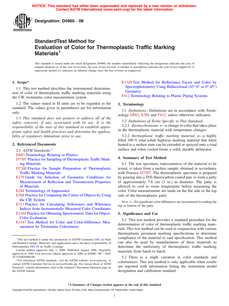 ASTM D4960-08 - Standard Test Method for Evaluation of Color for Thermoplastic Traffic Marking Materials