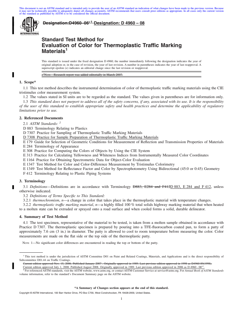 REDLINE ASTM D4960-08 - Standard Test Method for Evaluation of Color for Thermoplastic Traffic Marking Materials