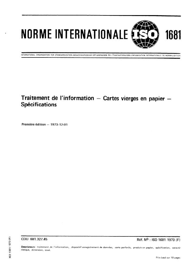 ISO 1681:1973 - Traitement de l'information -- Cartes vierges en papier -- Spécifications