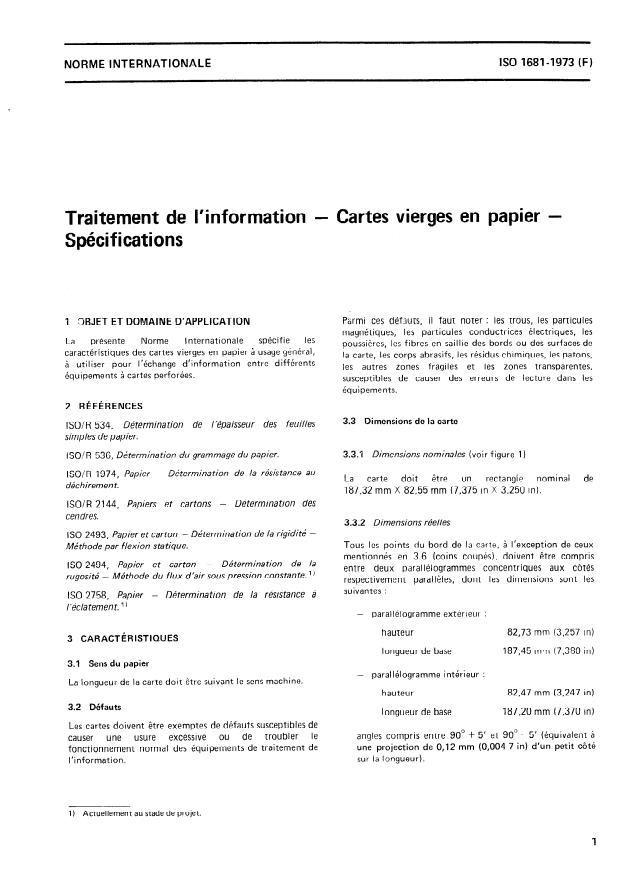 ISO 1681:1973 - Traitement de l'information -- Cartes vierges en papier -- Spécifications