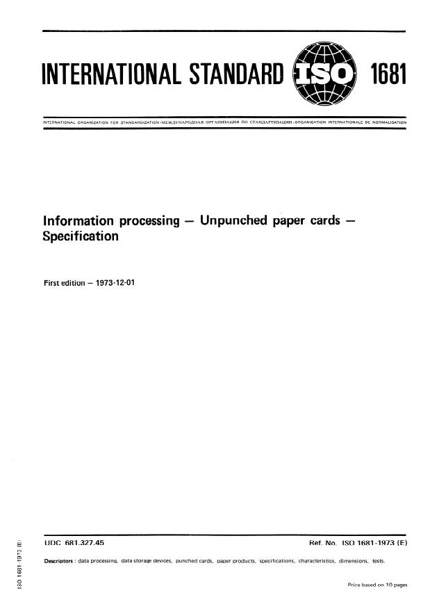 ISO 1681:1973 - Information processing -- Unpunched paper cards -- Specification