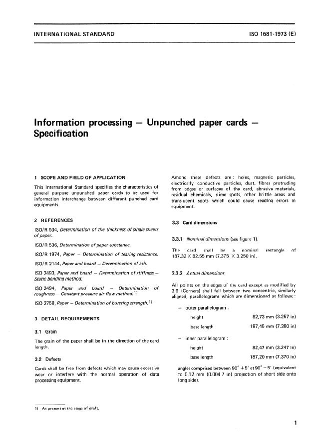 ISO 1681:1973 - Information processing -- Unpunched paper cards -- Specification