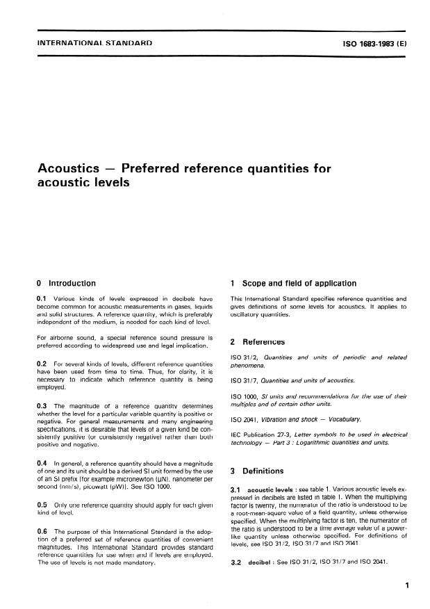 ISO 1683:1983 - Acoustics -- Preferred reference quantities for acoustic levels