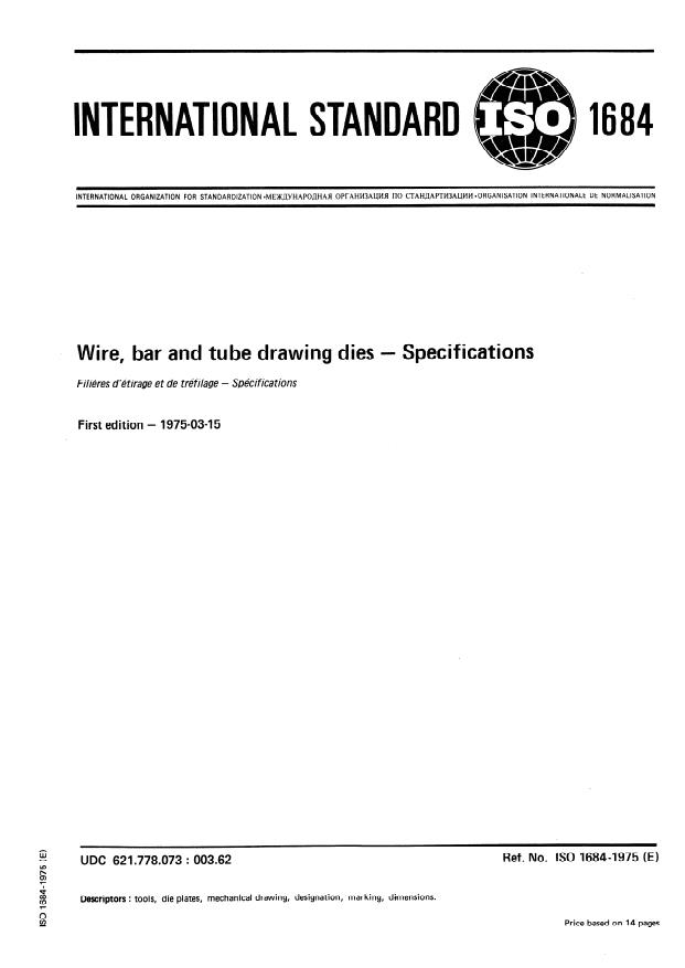 ISO 1684:1975 - Wire, bar and tube drawing dies -- Specifications