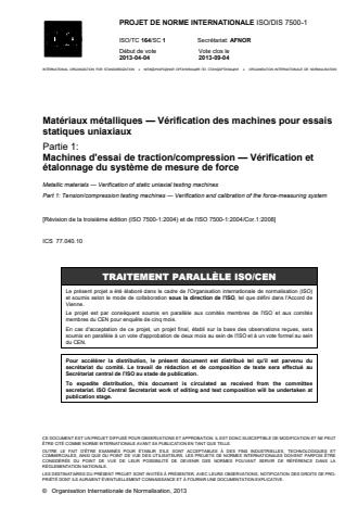 ISO 7500-1:2015 - Matériaux métalliques -- Étalonnage et vérification des machines pour essais statiques uniaxiaux