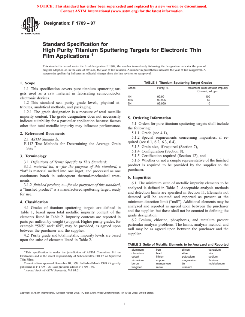 ASTM F1709-97 - Standard Specification for High Purity Titanium Sputtering Targets for Electronic Thin Film Applications