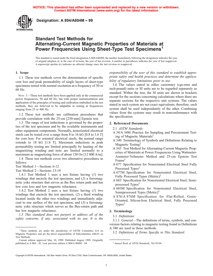 ASTM A804/A804M-99 - Standard Test Methods for Alternating-Current Magnetic Properties of Materials at Power Frequencies Using Sheet-Type Test Specimens