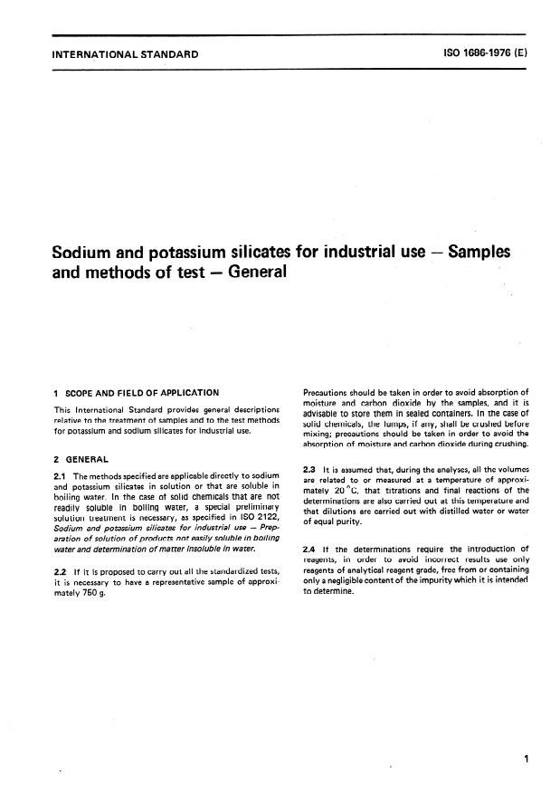 ISO 1686:1976 - Sodium and potassium silicates for industrial use -- Samples and methods of test -- General