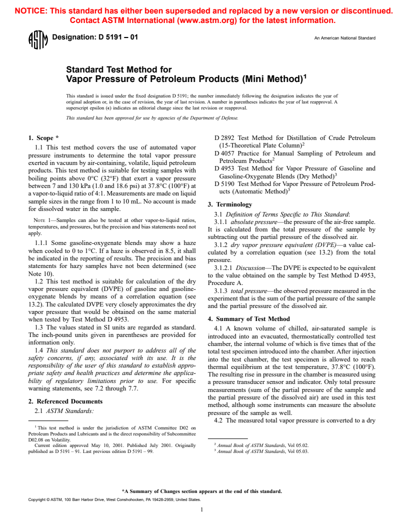 ASTM D5191-01 - Standard Test Method for Vapor Pressure of Petroleum Products (Mini Method)