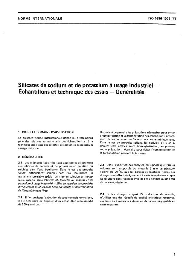 ISO 1686:1976 - Silicates de sodium et de potassium a usage industriel -- Échantillons et technique des essais -- Généralités
