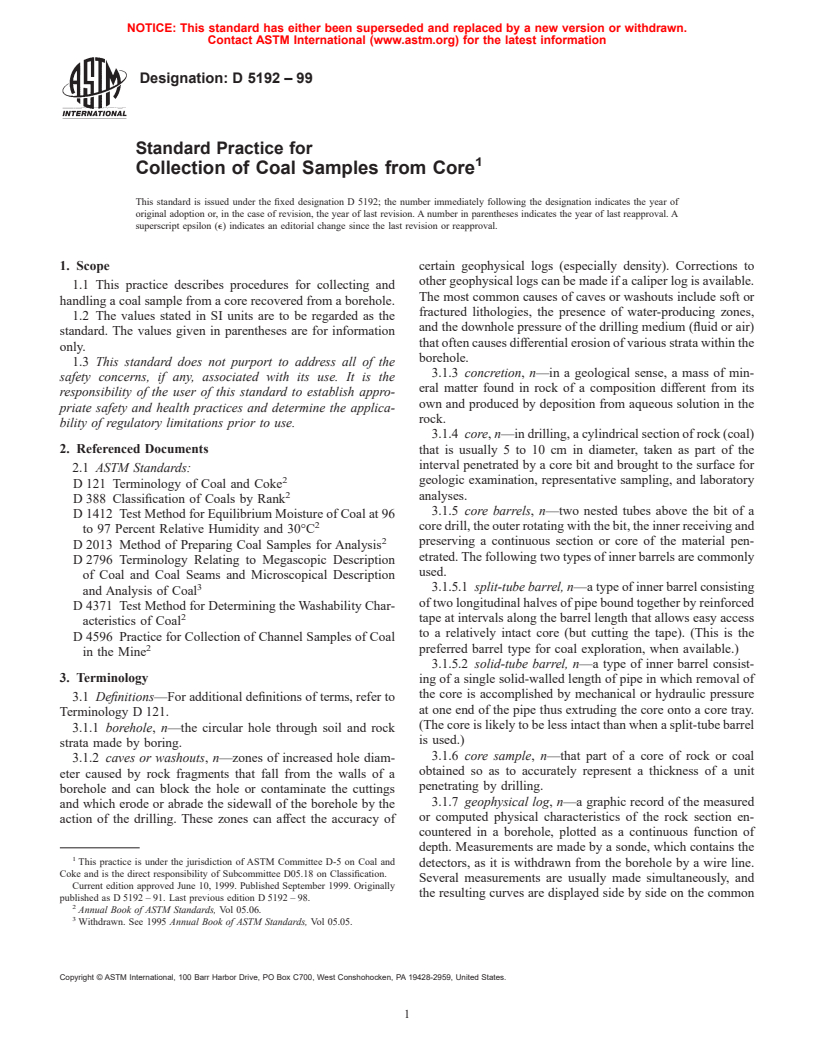 ASTM D5192-99 - Standard Practice for Collection of Coal Samples from Core