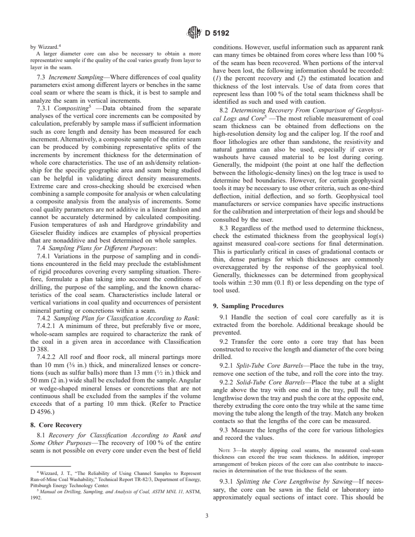 ASTM D5192-99 - Standard Practice for Collection of Coal Samples from Core