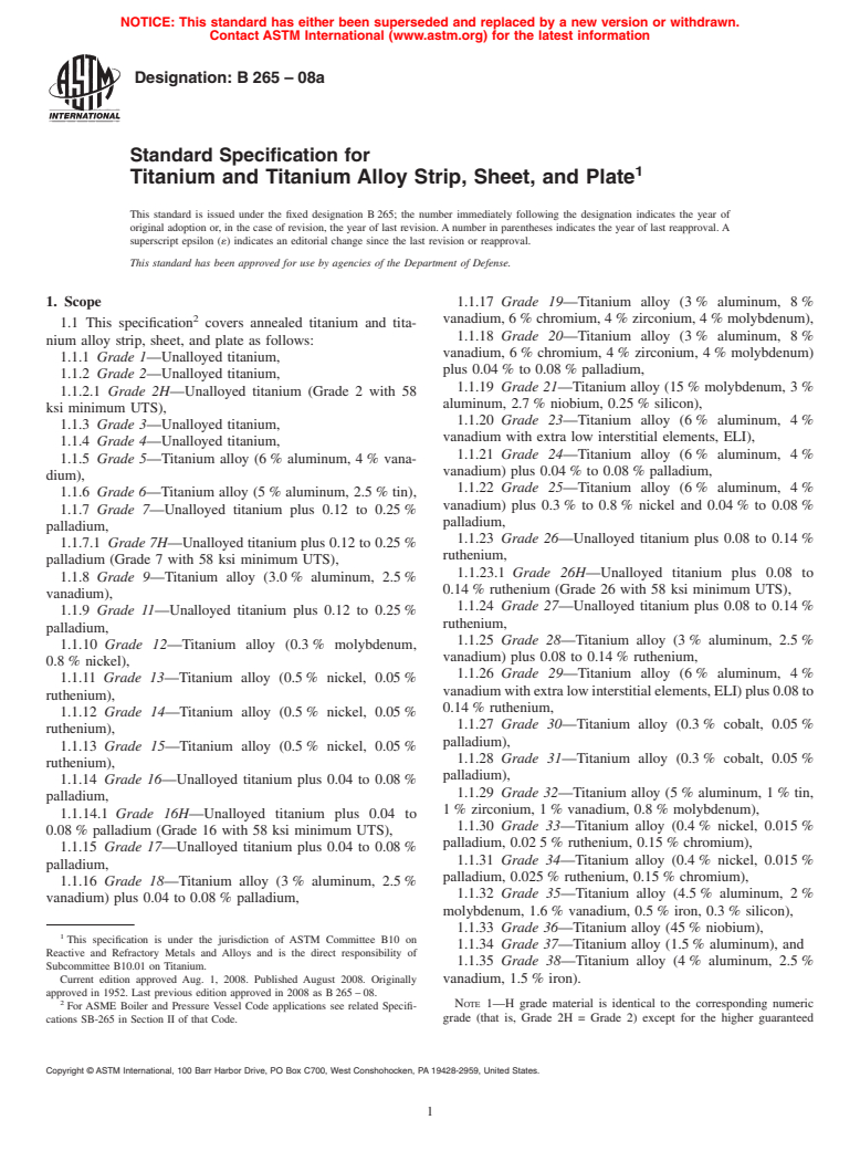 ASTM B265-08a - Standard Specification for  Titanium and Titanium Alloy Strip, Sheet, and Plate