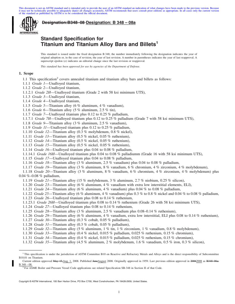 REDLINE ASTM B348-08a - Standard Specification for  Titanium and Titanium Alloy Bars and Billets