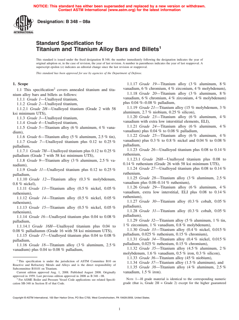 ASTM B348-08a - Standard Specification for  Titanium and Titanium Alloy Bars and Billets