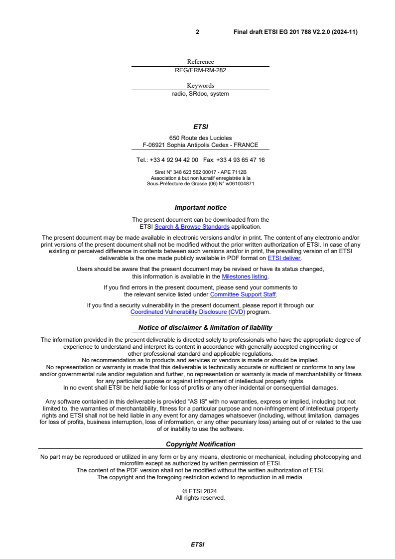 SIST-V ETSI/EG 201 788 V2.2.1:2025 ETSI EG 201 788 V2.2.0 (2024-11) - Electromagnetic compatibility and Radio spectrum Matters (ERM); Guidance for drafting an ETSI System Reference document (SRdoc) - Page 2 preview