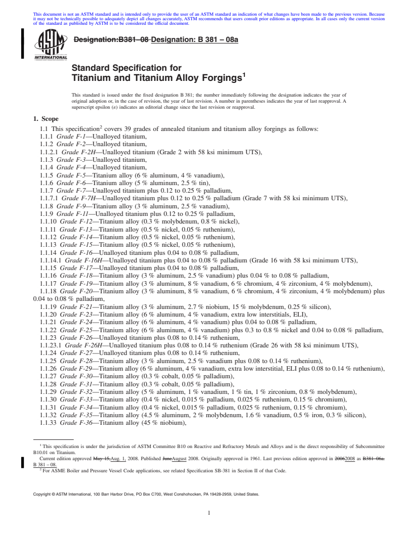 REDLINE ASTM B381-08a - Standard Specification for  Titanium and Titanium Alloy Forgings