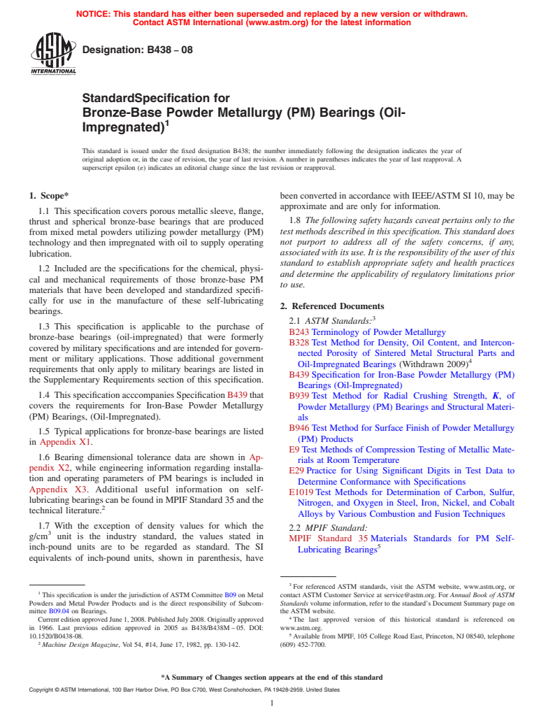 ASTM B438-08 - Standard Specification for Bronze-Base Powder Metallurgy (PM) Bearings (Oil-Impregnated)