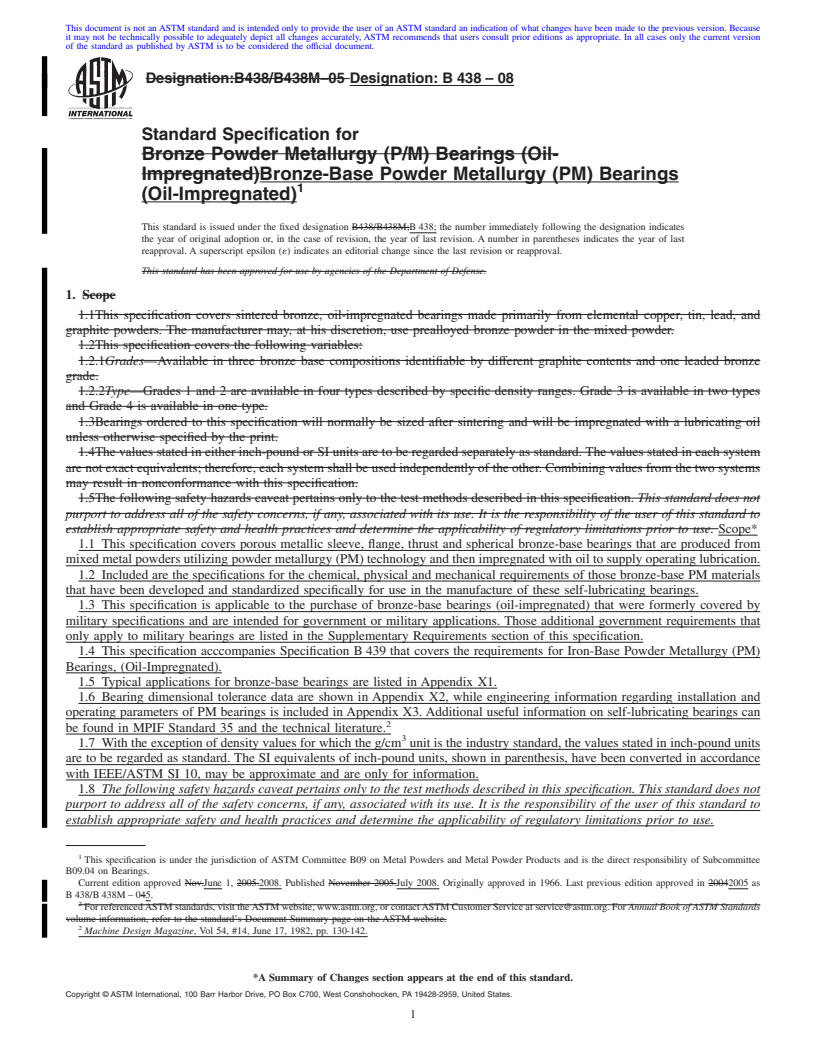 REDLINE ASTM B438-08 - Standard Specification for Bronze-Base Powder Metallurgy (PM) Bearings (Oil-Impregnated)