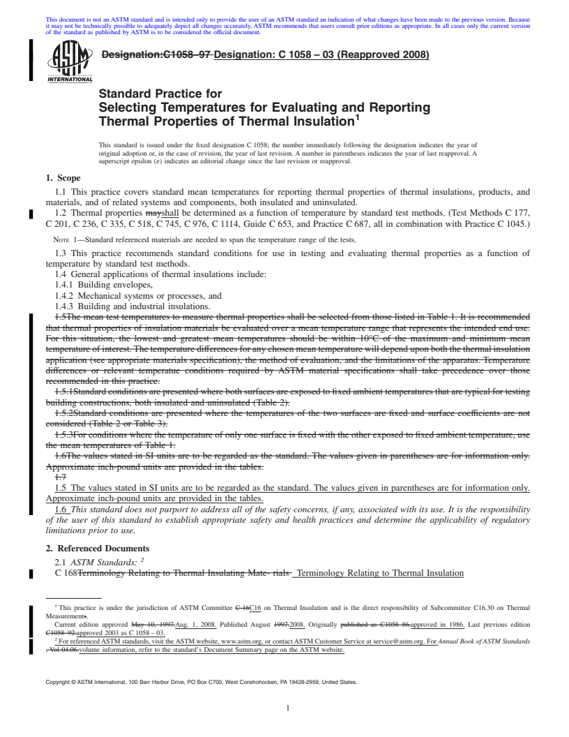 REDLINE ASTM C1058-03(2008) - Standard Practice for Selecting Temperatures for Evaluating and Reporting Thermal Properties of Thermal Insulation