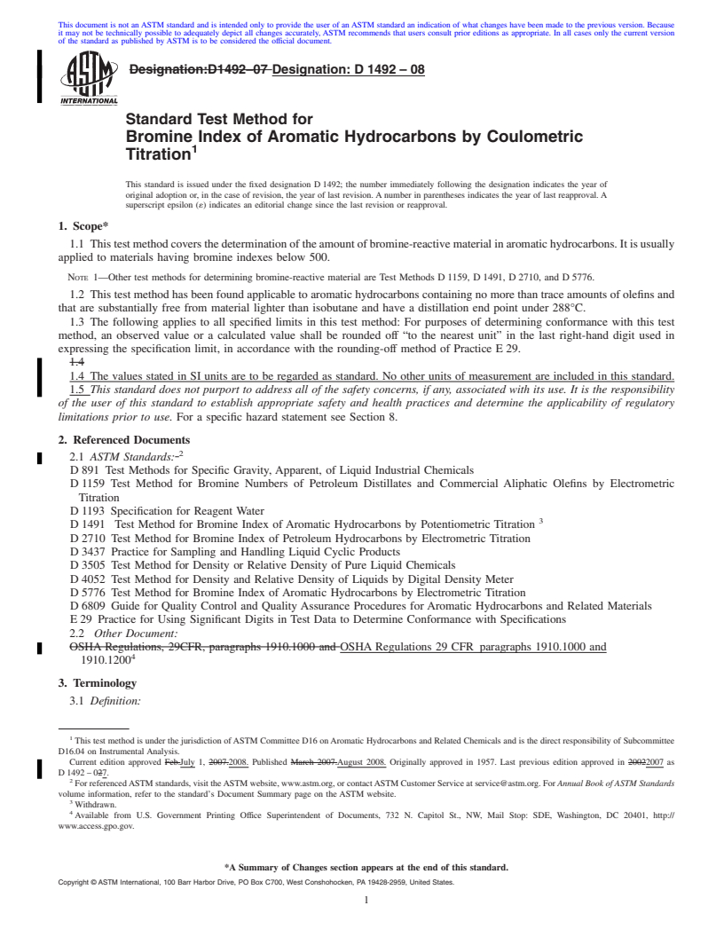 REDLINE ASTM D1492-08 - Standard Test Method for  Bromine Index of Aromatic Hydrocarbons by Coulometric  Titration