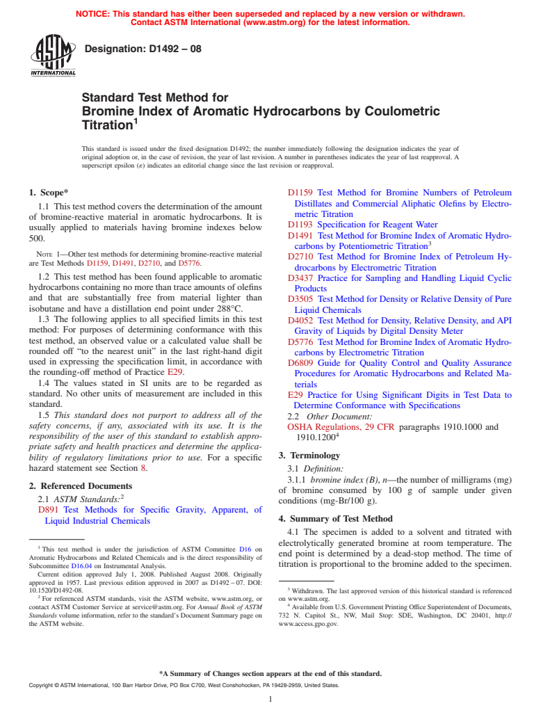 ASTM D1492-08 - Standard Test Method for  Bromine Index of Aromatic Hydrocarbons by Coulometric  Titration