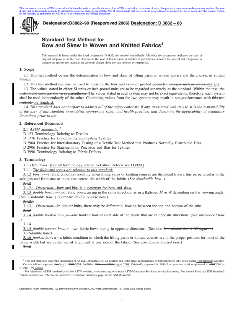 REDLINE ASTM D3882-08 - Standard Test Method for  Bow and Skew in Woven and Knitted Fabrics