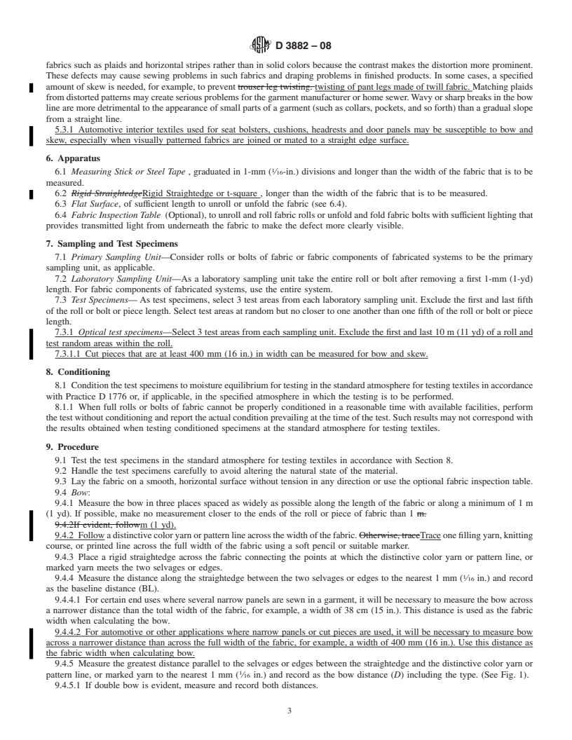 REDLINE ASTM D3882-08 - Standard Test Method for  Bow and Skew in Woven and Knitted Fabrics