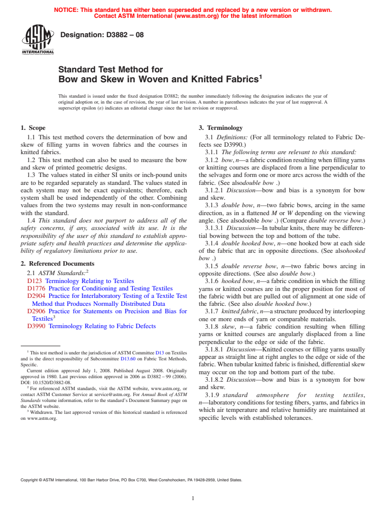 ASTM D3882-08 - Standard Test Method for  Bow and Skew in Woven and Knitted Fabrics