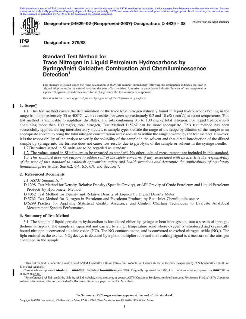 REDLINE ASTM D4629-08 - Standard Test Method for Trace Nitrogen in Liquid Petroleum Hydrocarbons by Syringe/Inlet Oxidative Combustion and Chemiluminescence Detection