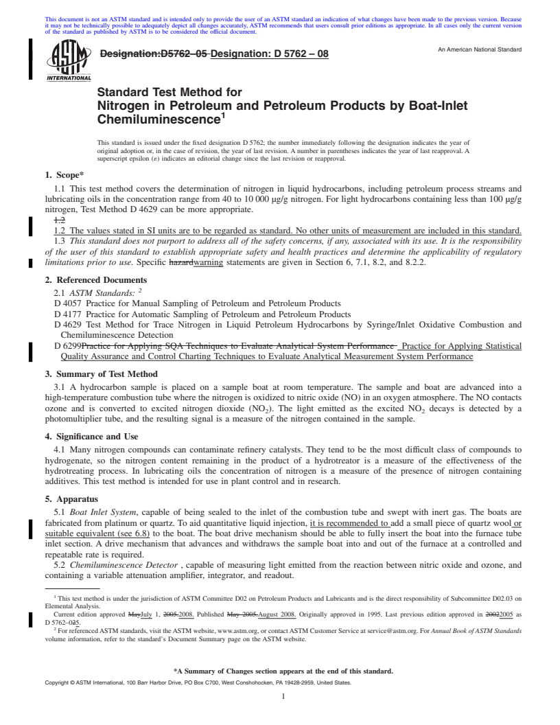 REDLINE ASTM D5762-08 - Standard Test Method for Nitrogen in Petroleum and Petroleum Products by Boat-Inlet Chemiluminescence