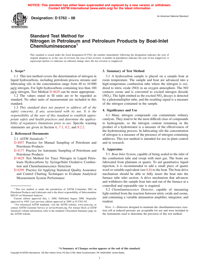 ASTM D5762-08 - Standard Test Method for Nitrogen in Petroleum and Petroleum Products by Boat-Inlet Chemiluminescence