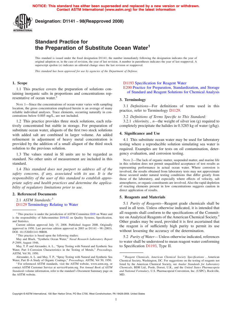 ASTM D1141-98(2008) - Standard Practice for  the Preparation of Substitute Ocean Water