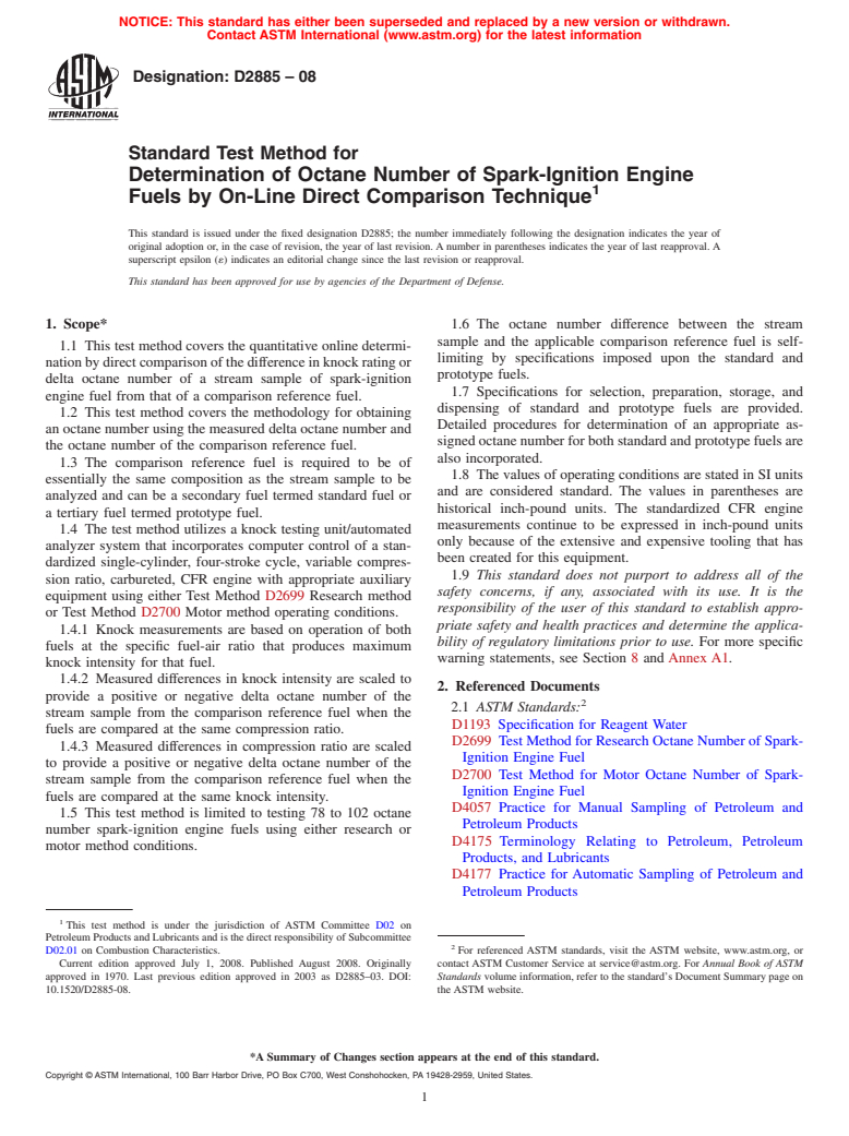 ASTM D2885-08 - Standard Test Method for Determination of Octane Number of Spark-Ignition Engine Fuels by On-Line Direct Comparison Technique