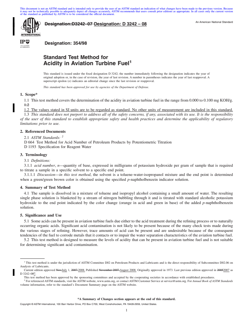 REDLINE ASTM D3242-08 - Standard Test Method for Acidity in Aviation Turbine Fuel