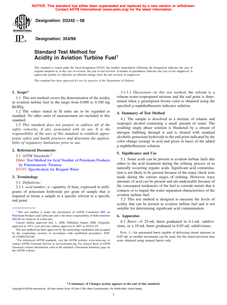 ASTM D3242-08 - Standard Test Method for Acidity in Aviation Turbine Fuel